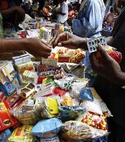 Medicines on market stall vertical Medicines on market stall vertical